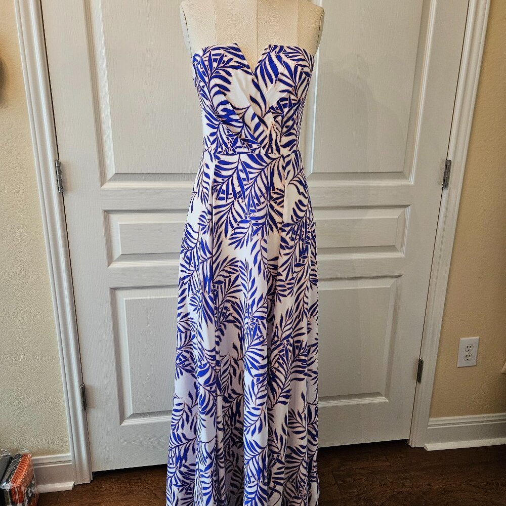 Yumi Kim Silk Strapless Maxi Dress Blue Palm Leaf Sz Small